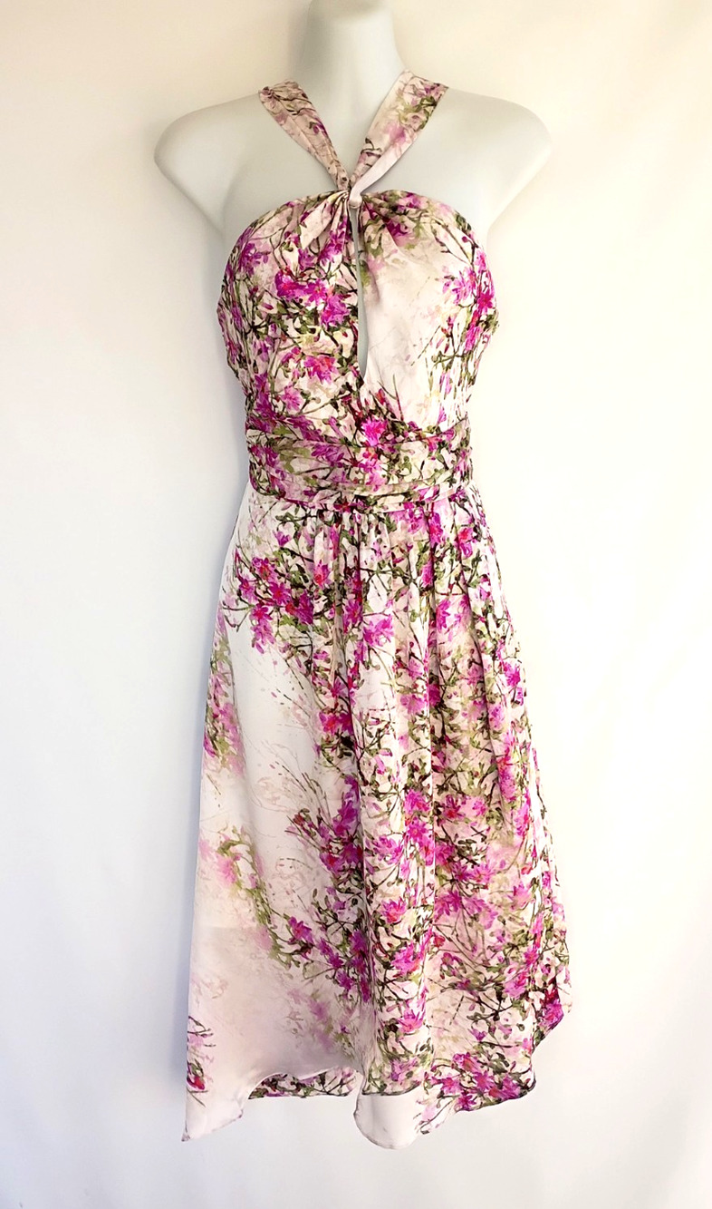 Vintage Bebe Y2K 100% Silk Watercolor Floral Halter Dress Pink White High Low XS - Picture 6 of 13
